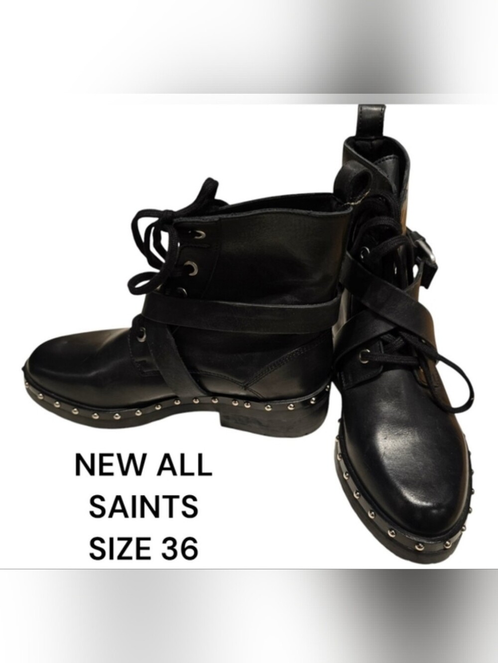 NEW ALL SAINTS Black Leather ankle boots with silver stud detail